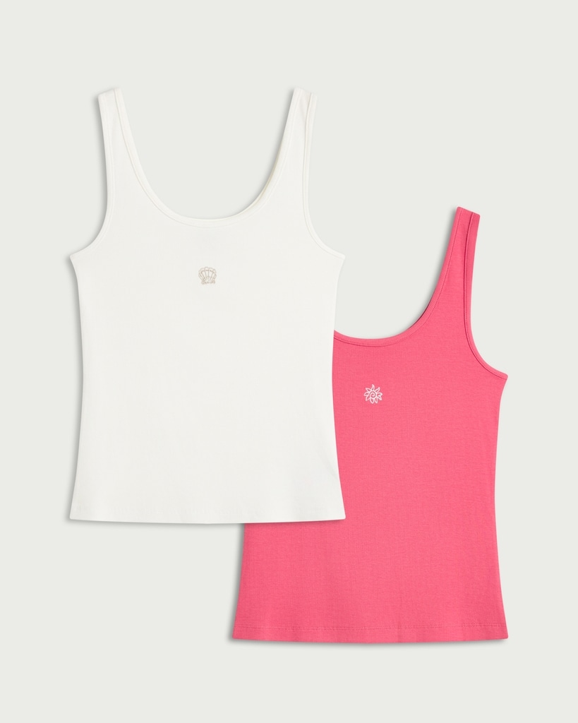 F&F 2-Pack Cotton Rich Embroidered Pyjama Vests in Multi Pink