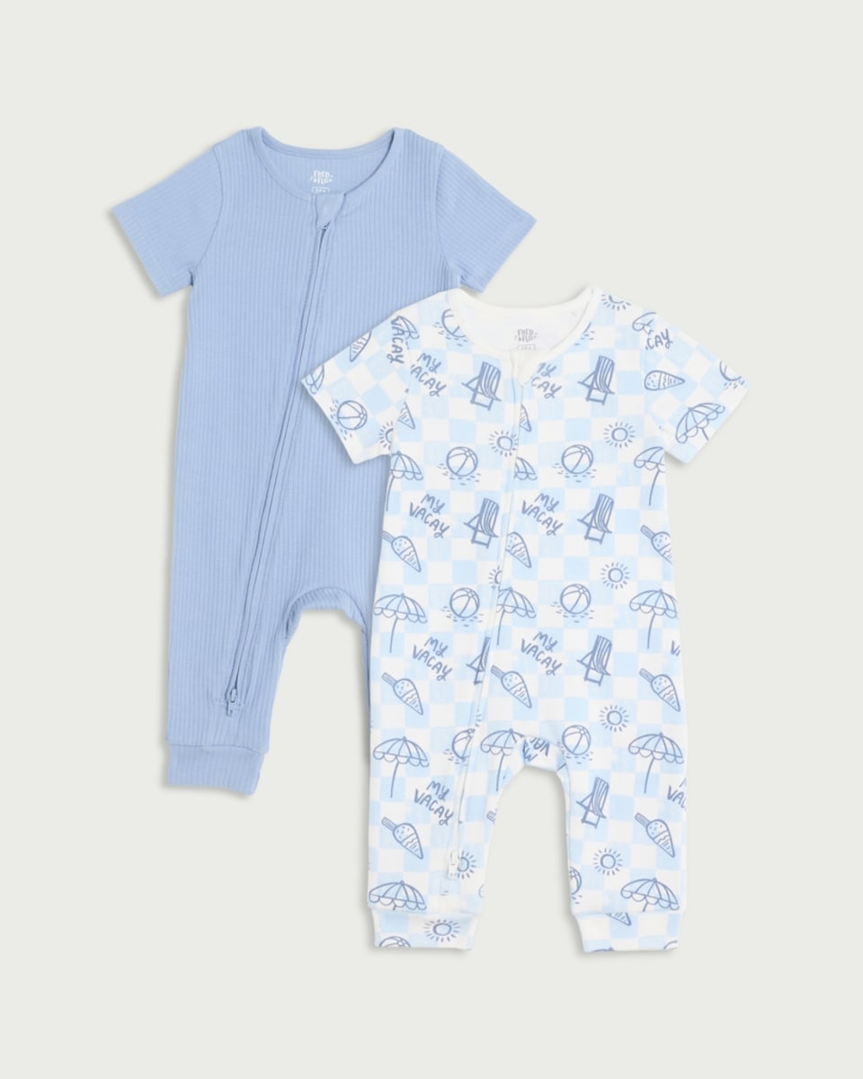 image 1 of F&F Baby 2-Pack Cotton Rich Holiday Short Sleeved Zip Up Rompers in Blue