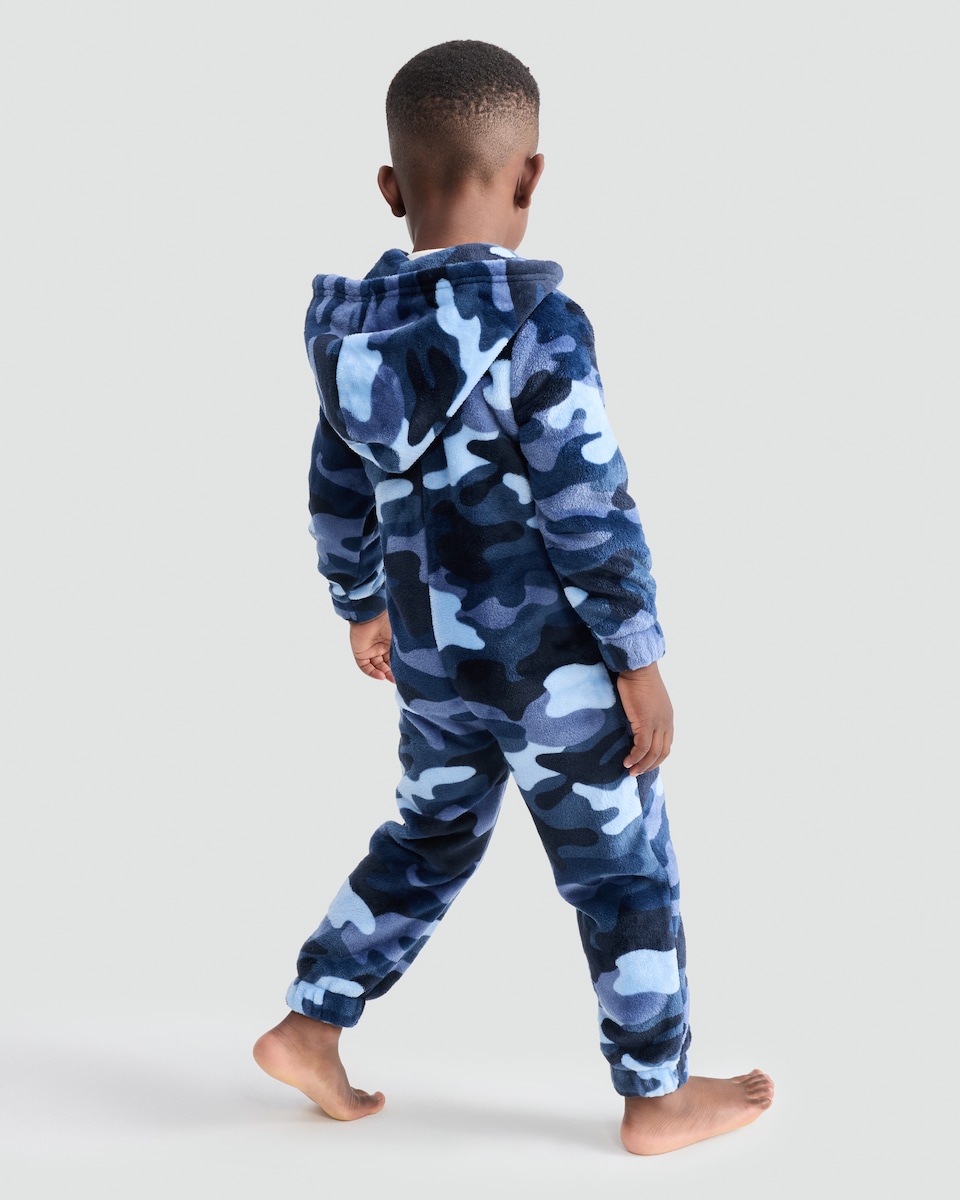image 1 of F&F Camouflage Fleece Hooded Onesie in Blue