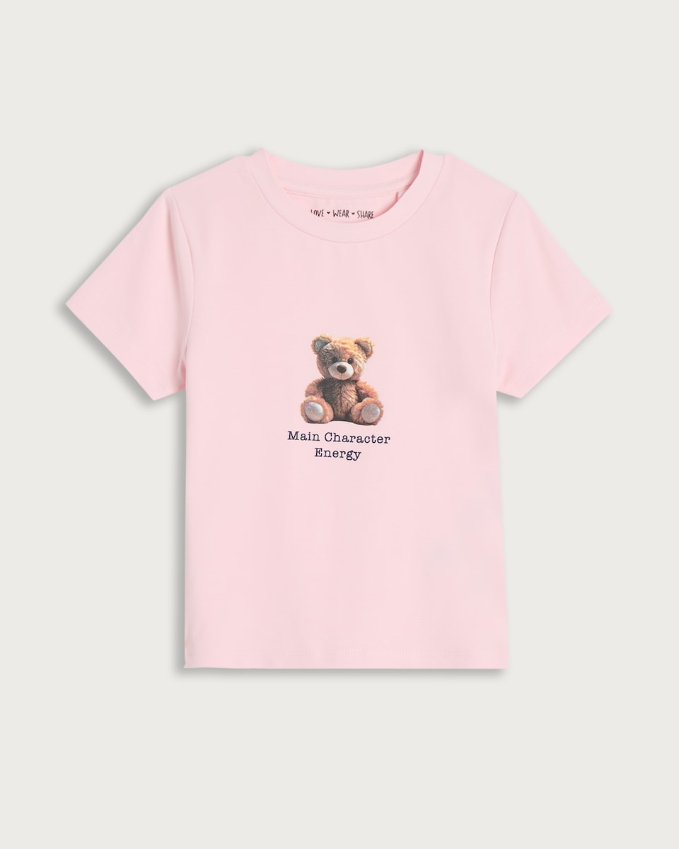 F&F Girls Cotton Rich Main Character Energy Teddy Print T-Shirt in Pink