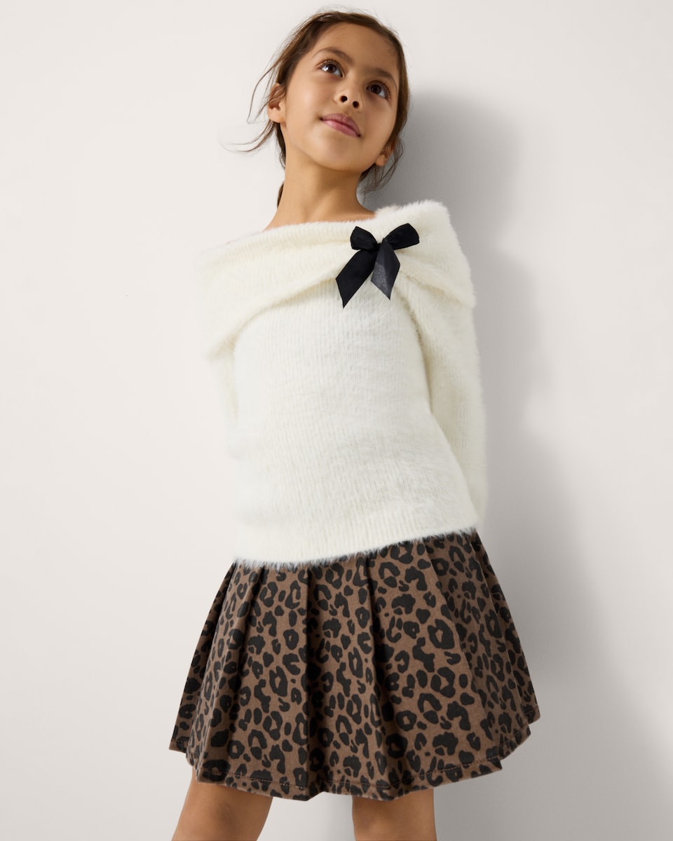 image 1 of F&F Girls Pure Cotton Leopard Print Pleated Skirt in Multi Brown