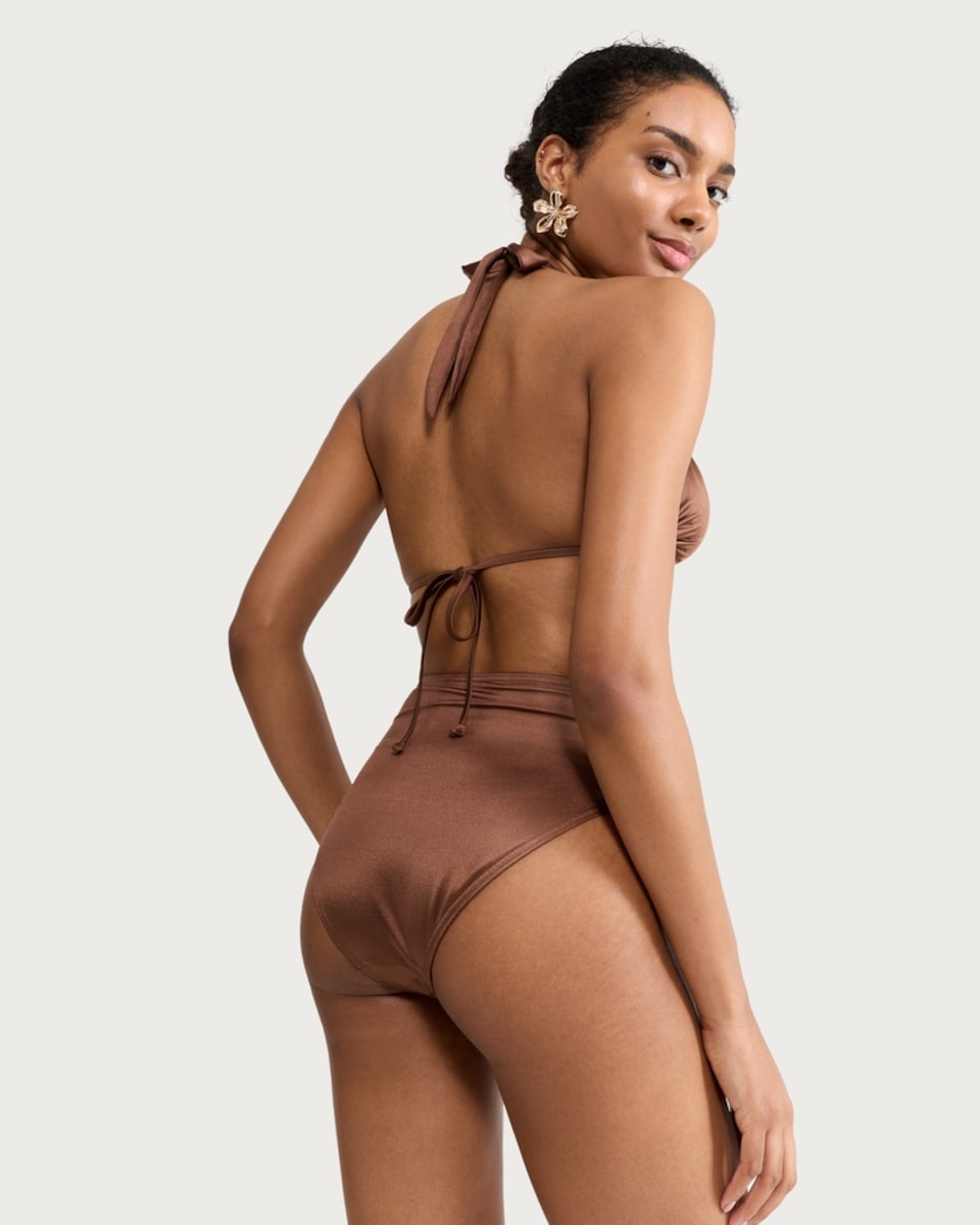 image 1 of F&F High Shine Ruched High Waisted Bikini Bottoms in Brown