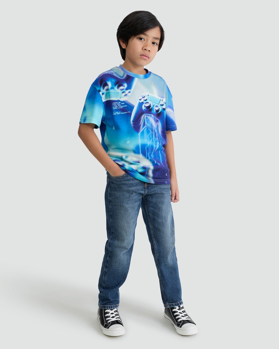 image 1 of F&F Boys Pure Cotton Printed Short Sleeved T-Shirt in Blue