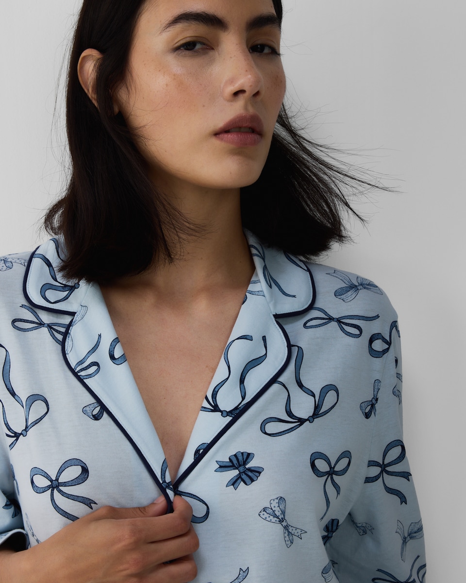 image 1 of F&F Pure Cotton Bow Pyjama Set in Multi Blue
