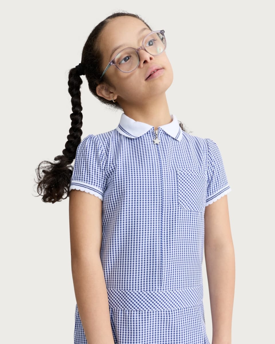 image 1 of F&F School Girls 2-Pack Gingham Short Sleeved Dresses in Navy
