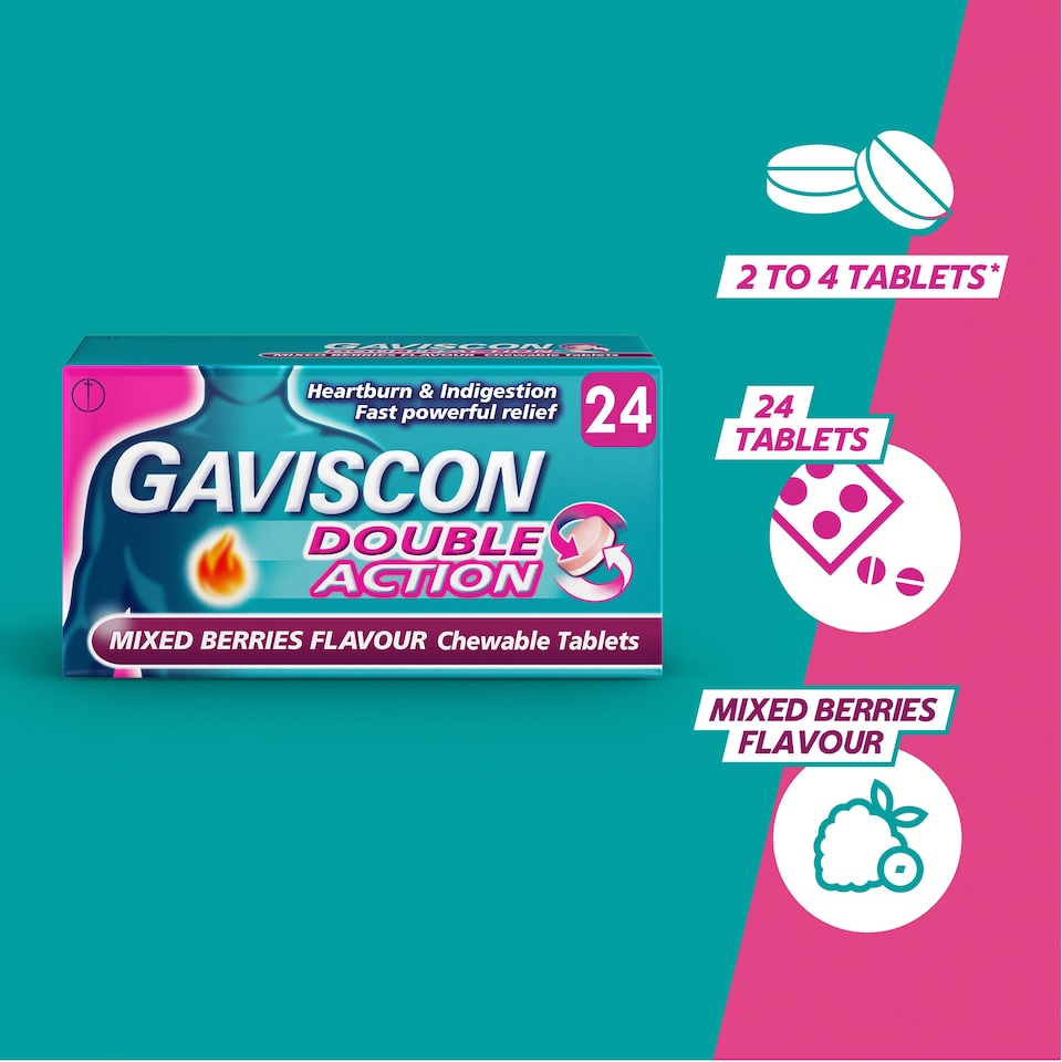 image 1 of Gaviscon Double Action Mixed Berries Chewable Heartburn & Indigestion Tablets 24s