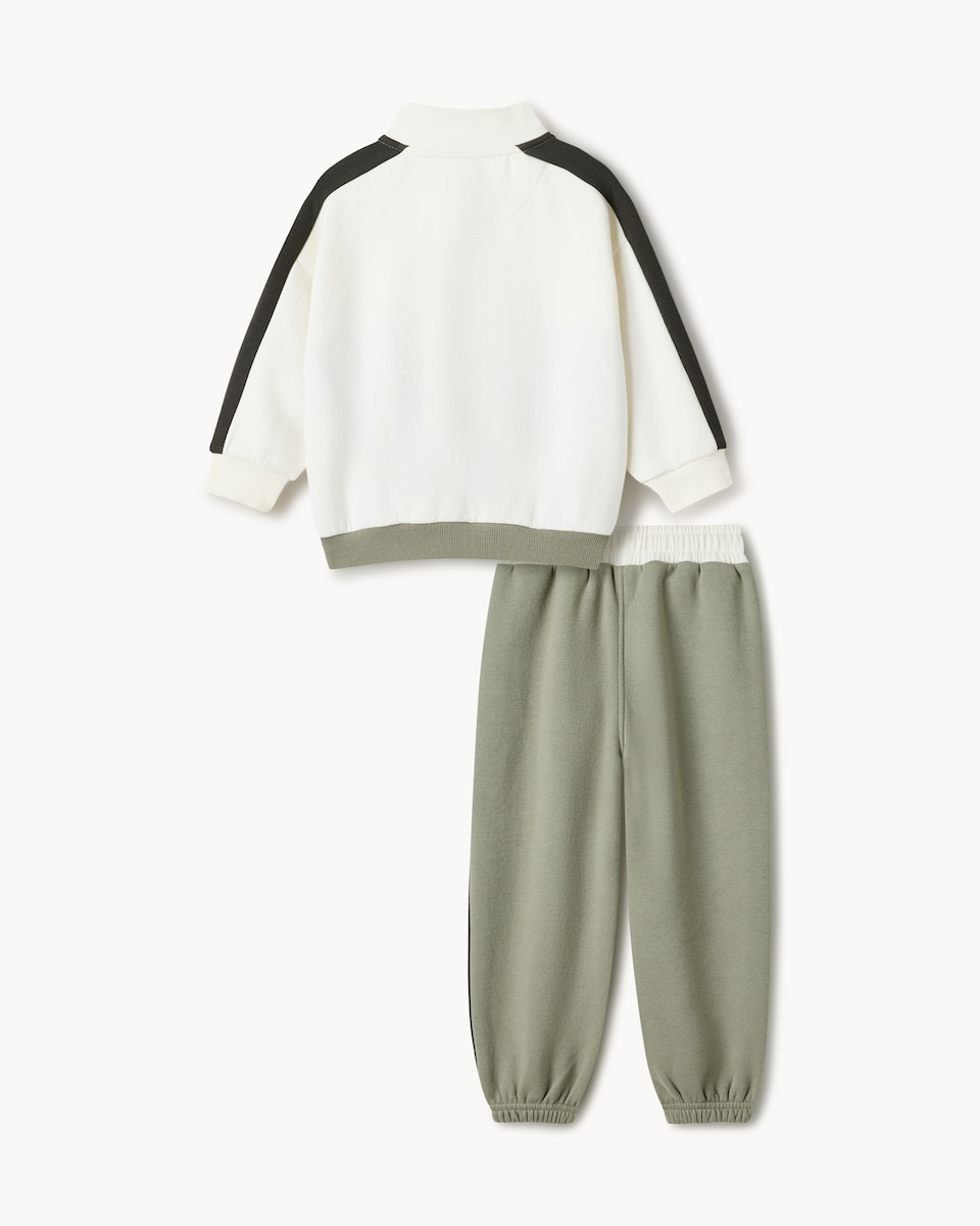image 1 of F&F Boys Cotton Rich Colour Block Half Zip Sweatshirt and Joggers Set in Green