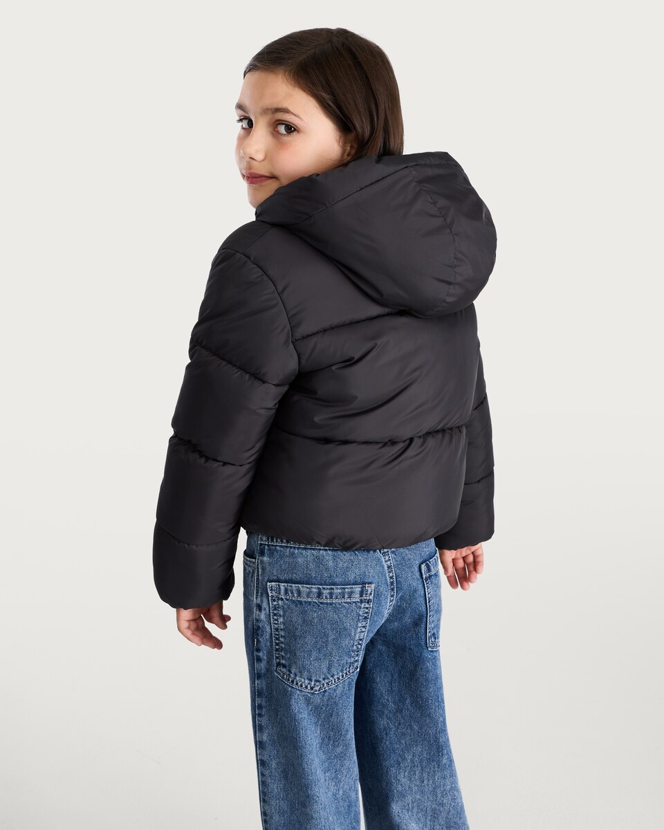 image 1 of F&F Girls Cropped Hooded Shower Resistant Puffer Jacket in Black