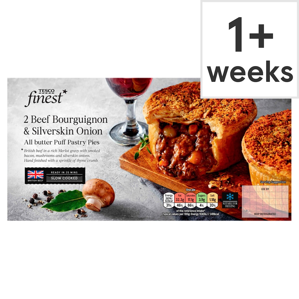Tesco Finest 2 Beef Bourguignon & Silverskin Onion Pies 500g Tesco