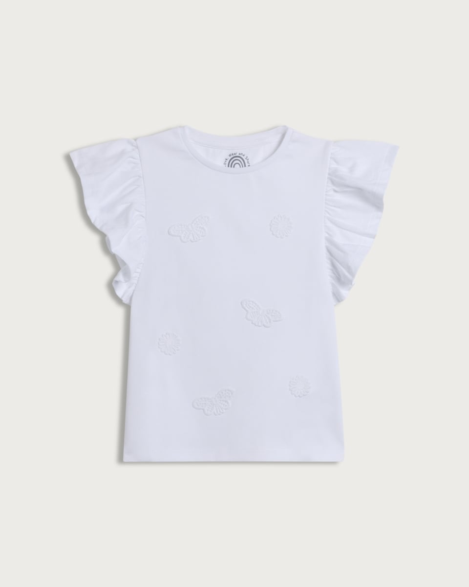 image 1 of F&F Girls Pure Cotton Butterfly Embroidered T-Shirt in White