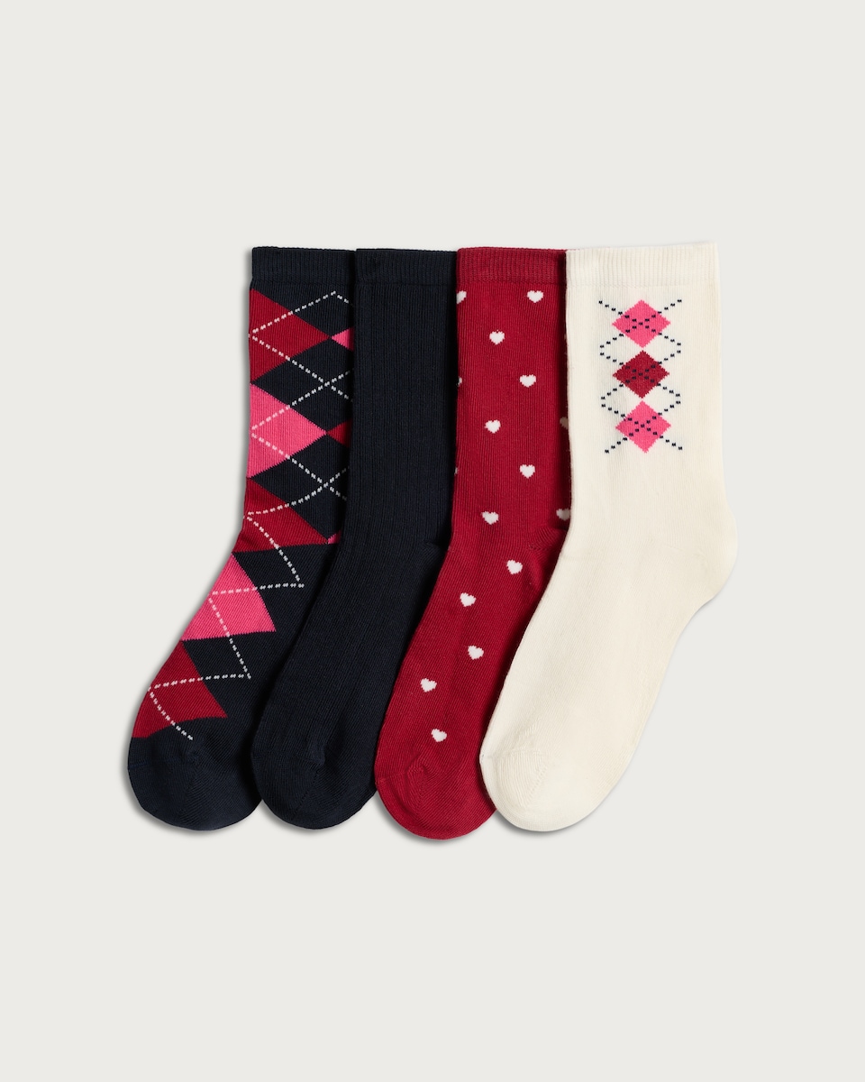 F&F 4-Pack Cotton Rich Argyle and Heart Print Ankle Socks in Multi