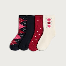 F&F 4-Pack Cotton Rich Argyle and Heart Print Ankle Socks in Multi