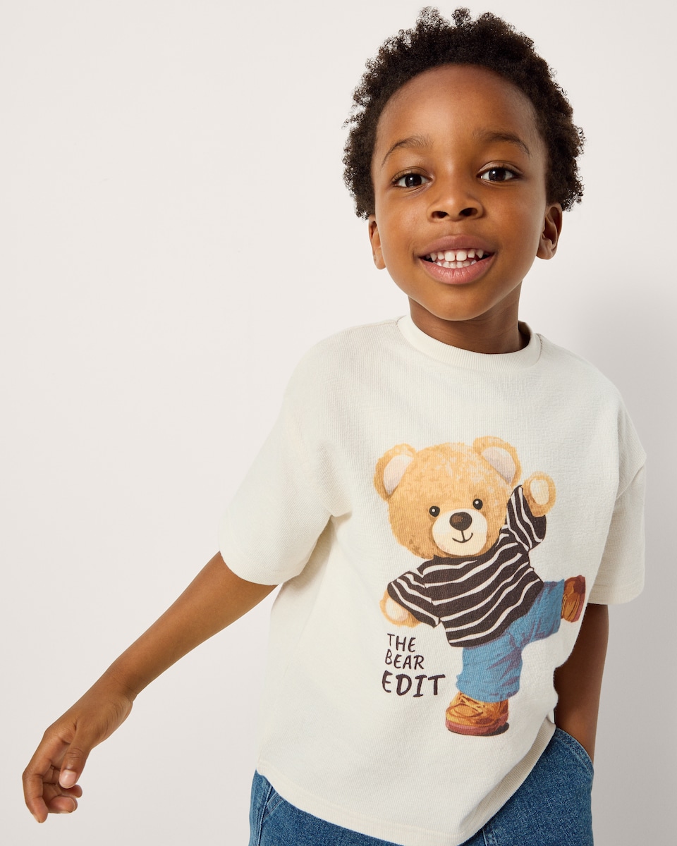 image 1 of F&F Boys Pure Cotton Bear T-Shirt in Cream
