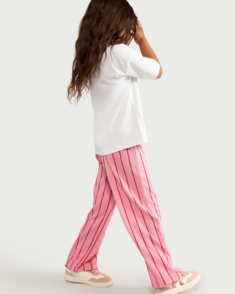 image 1 of F&F Girls 2-Piece Cotton Rich Bow Print T-Shirt and Striped Trousers Set in Multi Pink
