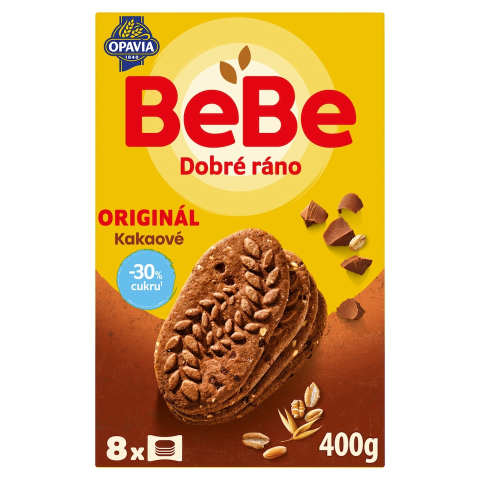 Opavia sušenky kakaové BeBe Dobré Ráno -30% cukru 8 x 50g (400g)