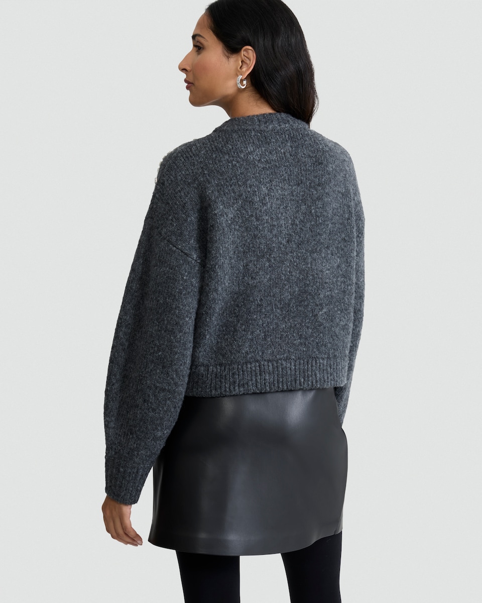 image 1 of F&F Knitted Diamanté Embellished Button Up Cardigan with Wool in Grey
