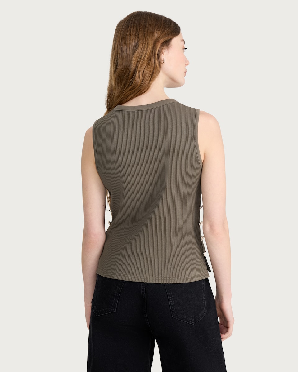 image 1 of F&F Cotton Rich Ribbed Side Button Detail Vest in Khaki