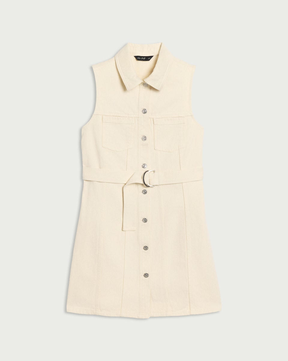 image 1 of F&F Pure Cotton Belted Shirt Denim Dress in Cream