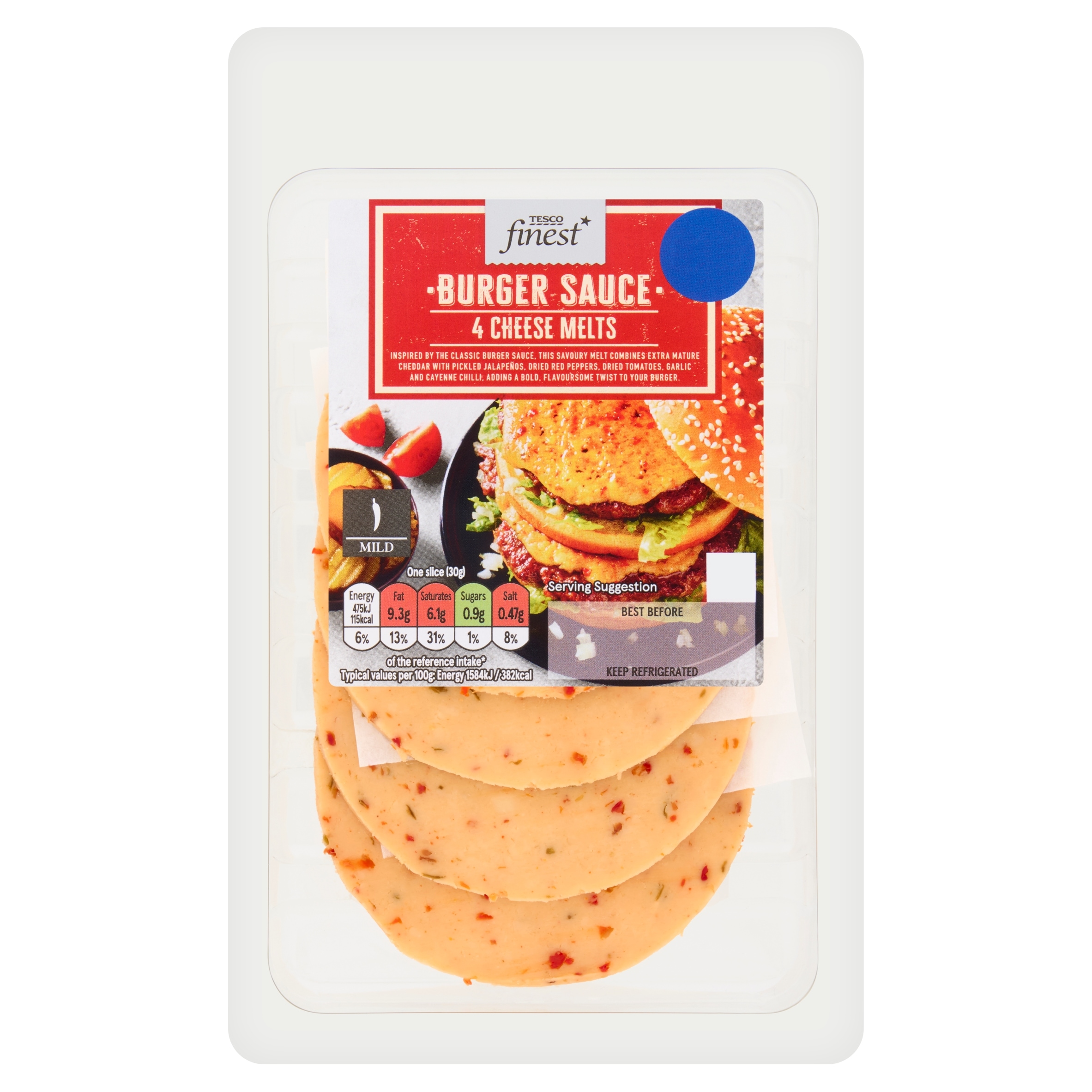 TESCO FINEST BURGER SAUCE 4 CHEESE MELTS 120G