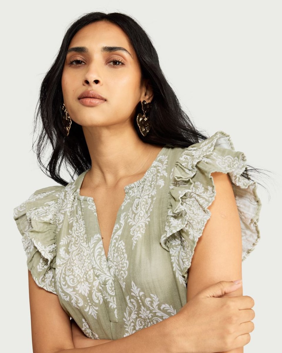 image 1 of F&F Pure Cotton Geometric Print Ruffle Sleeved Dress in Green