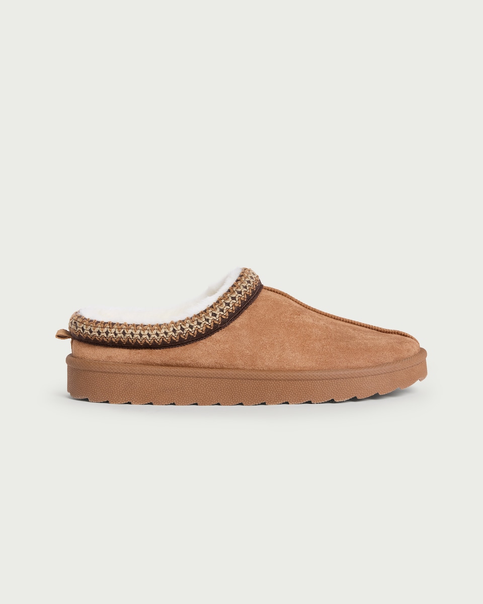 image 1 of F&F Faux Fur Lined Embroidered Mule Slippers in Tan