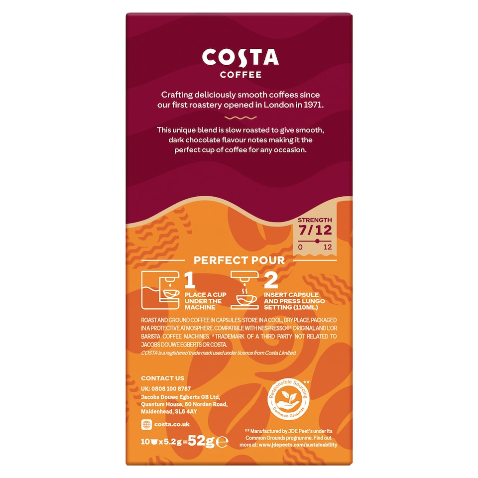 image 1 of Costa Coffee Smooth Medium Roast Lungo Coffee Capsules 10 Pack 52g