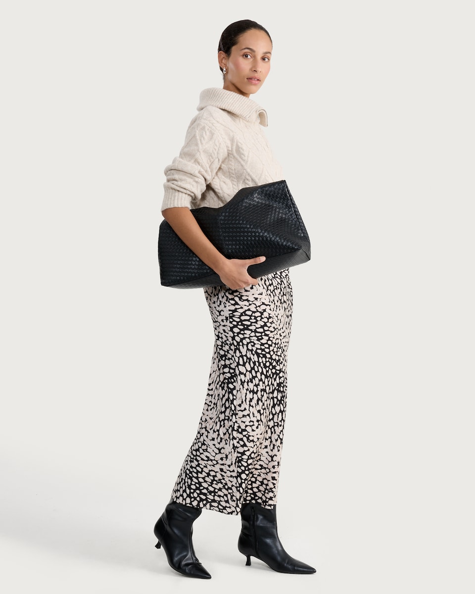 image 1 of F&F Satin Abstract Print Midi Skirt in Multi Black White