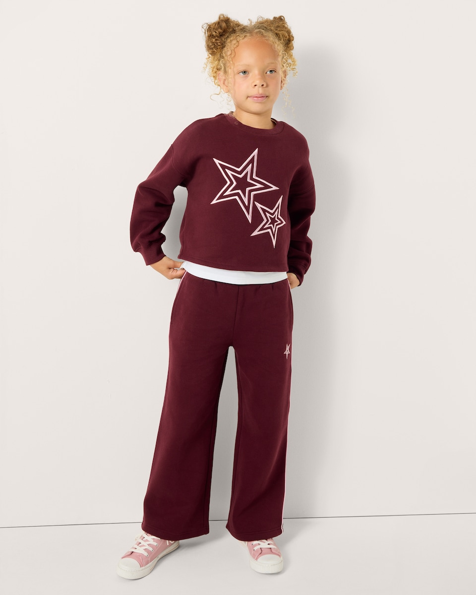 image 1 of F&F Girls 2-Piece Cotton Rich Star Embroidered Sweatshirt and Jogger Set in Burgundy