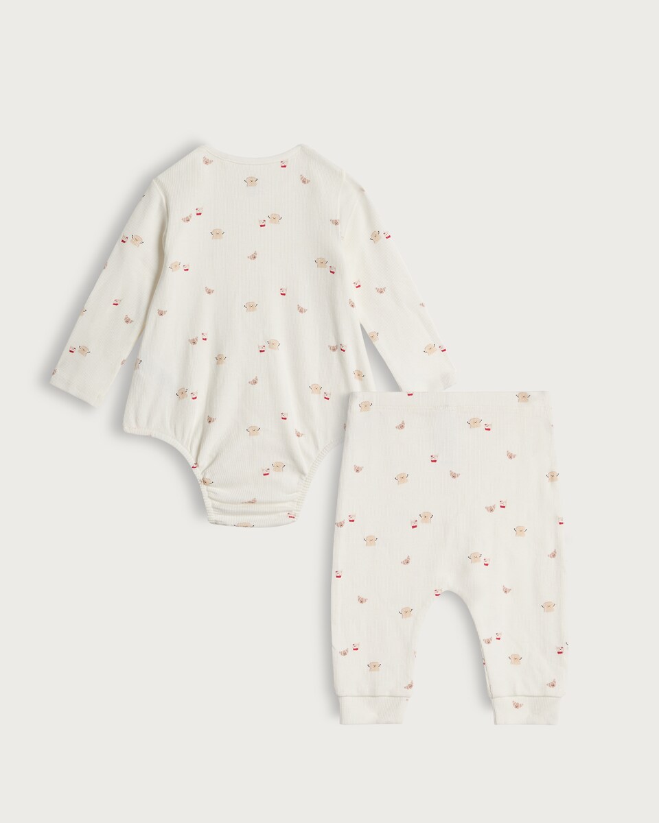 image 1 of F&F Baby 3-Piece Cotton Rich Animal Print Bodysuit, Legging and Bib Set in White