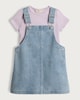 image 5 of F&F Girls Cotton Rich Denim Pinafore and T-Shirt Set in Multi Blue