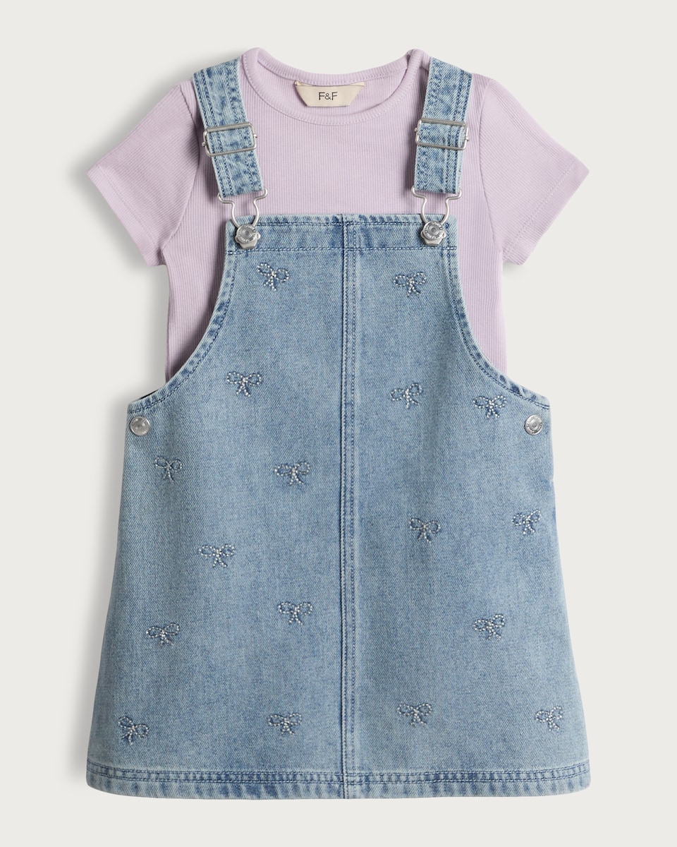 image 1 of F&F Girls Cotton Rich Denim Pinafore and T-Shirt Set in Multi Blue