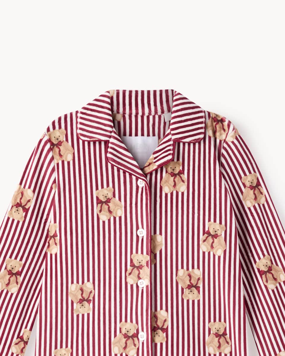 image 1 of Christmas Fleece Striped Teddy Bear Revere Pyjama Set in Red