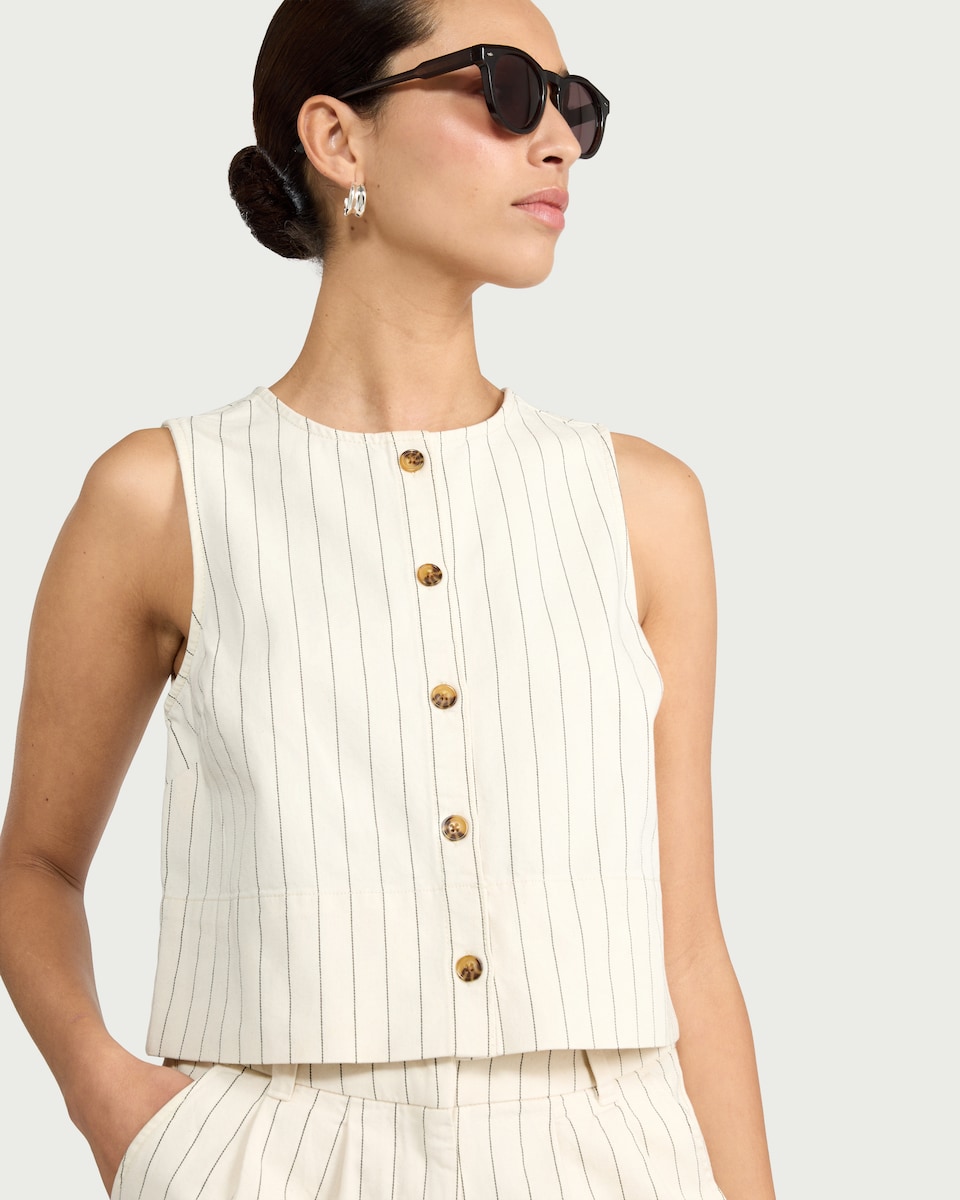 image 1 of F&F Cotton Rich Striped Co-ord Waistcoat in Ecru