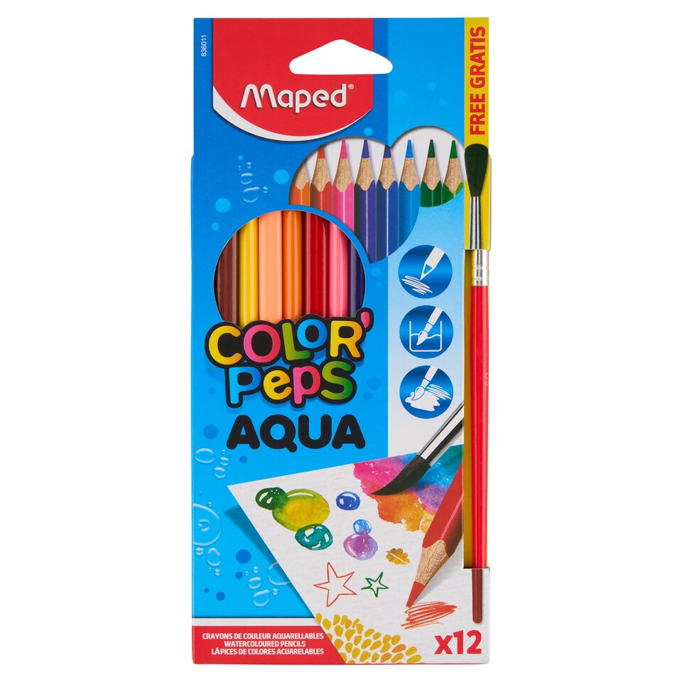 Maped Color' Peps Aqua Triangular Watercolor Pencil Set with Brush 12 Different Colors