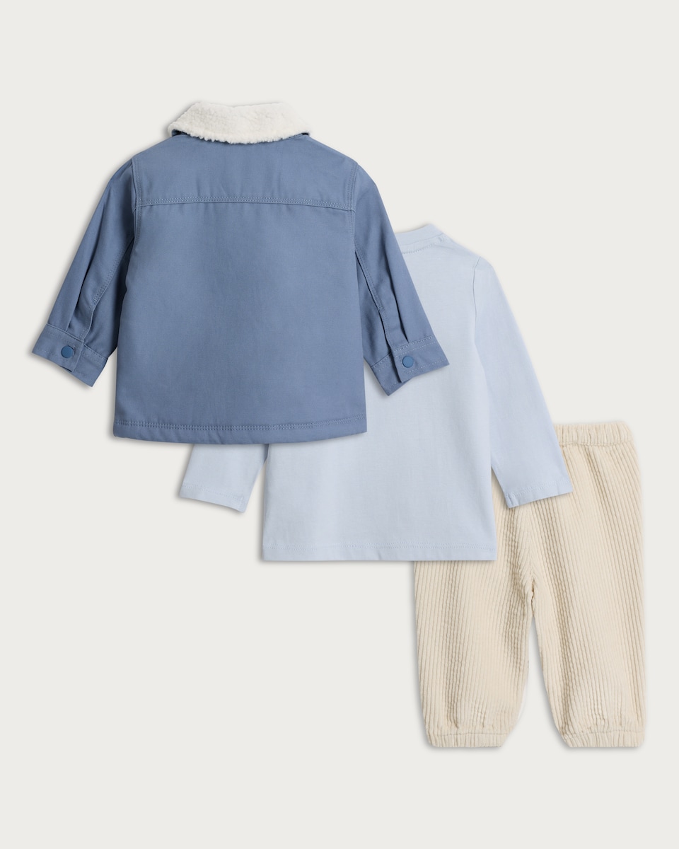 image 1 of F&F Baby 3-Piece Pure Cotton Jacket, Top and Trousers Set in Blue