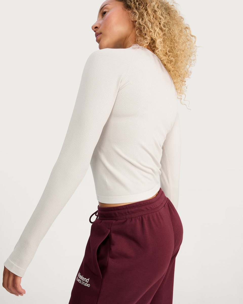 image 1 of F&F Active Seamfree Ribbed Long Sleeved Sports Top in Cream