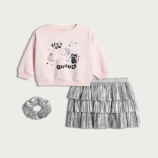 F&F Girls 3-Pack Let's Go Ghouls Sweatshirt, Skirt and Scrunchie in Multi Pink