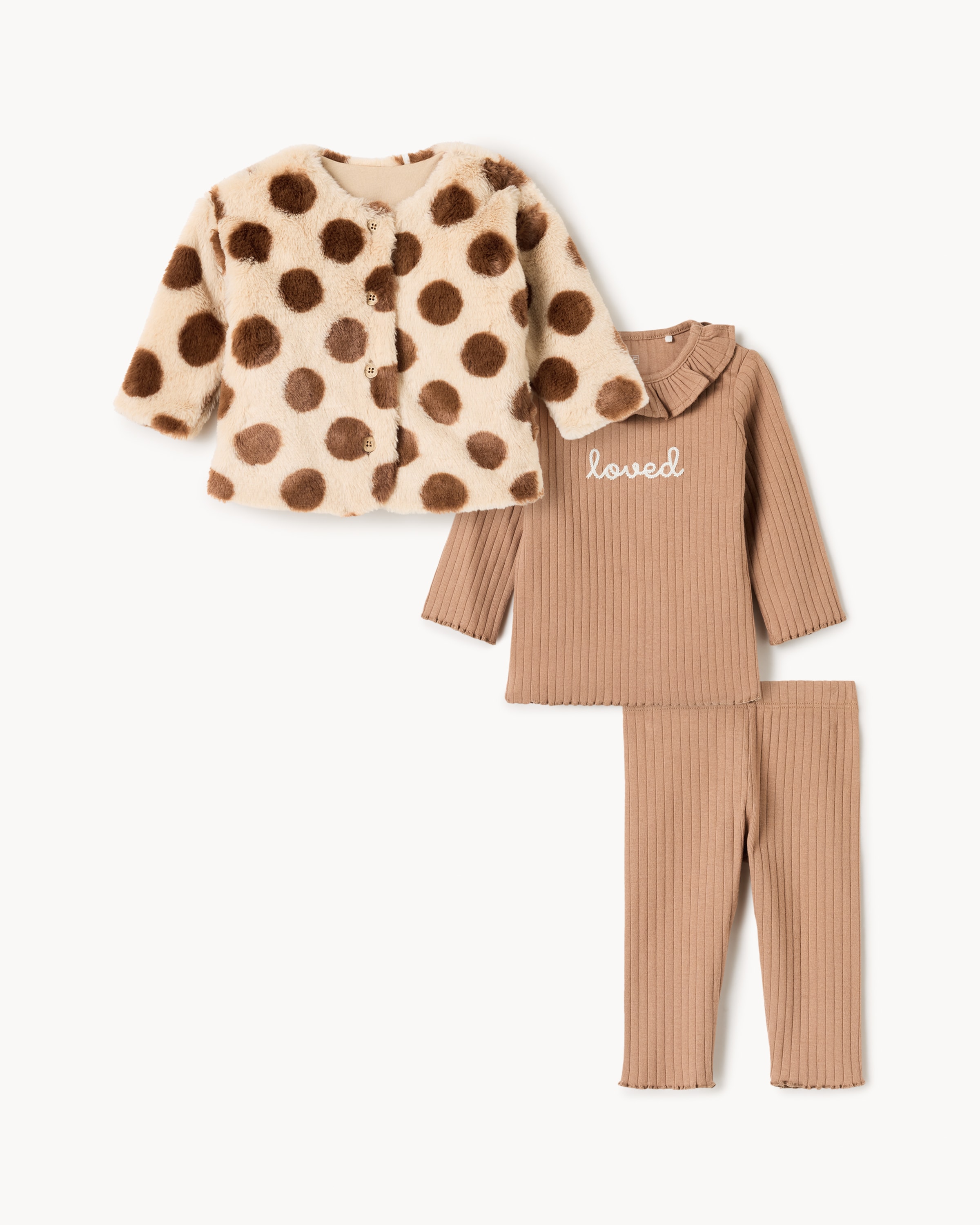 F&F Baby Faux Fur Jacket, Ribbed Top and Leggings Set in Tan