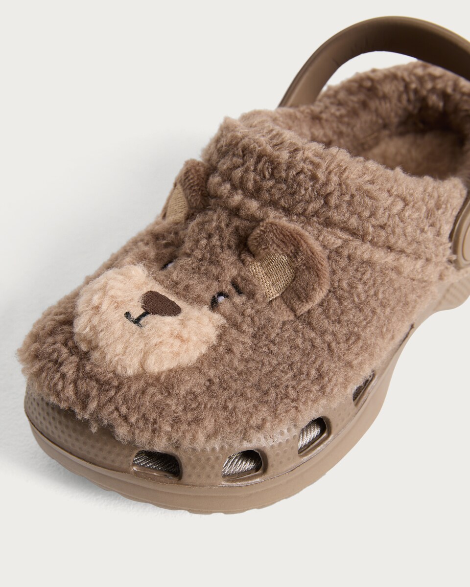 image 1 of F&F Unisex Teddy Bear Fleece Clogs in Brown