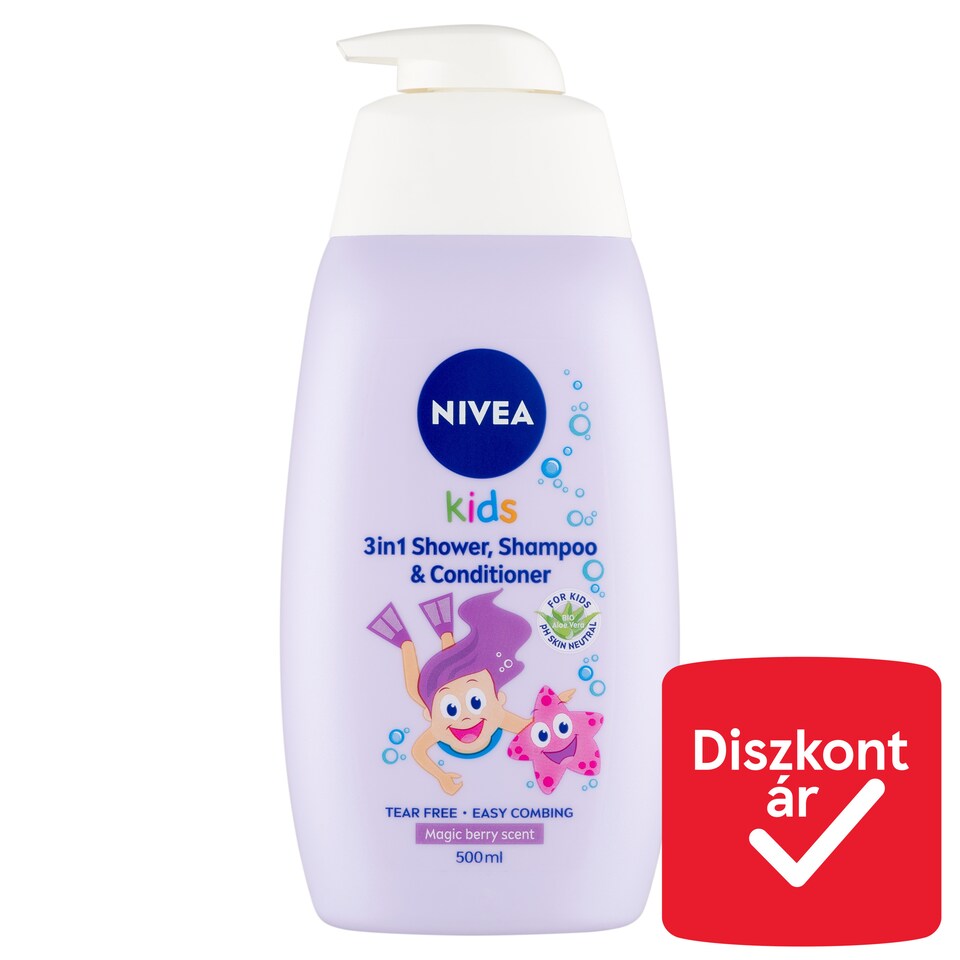 NIVEA Kids Magic Berry 3in1 tusfürdő, sampon és balzsam kamilla és bio aloe vera kivonattal 500 ml  1. kép
