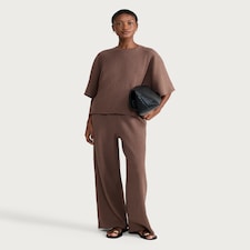 F&F Cotton Rich Crinkle Textured Wide Leg Co-ord Trousers in Chocolate