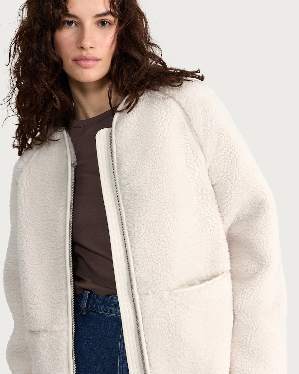 image 1 of F&F Borg Zip Up Collarless Jacket in Cream