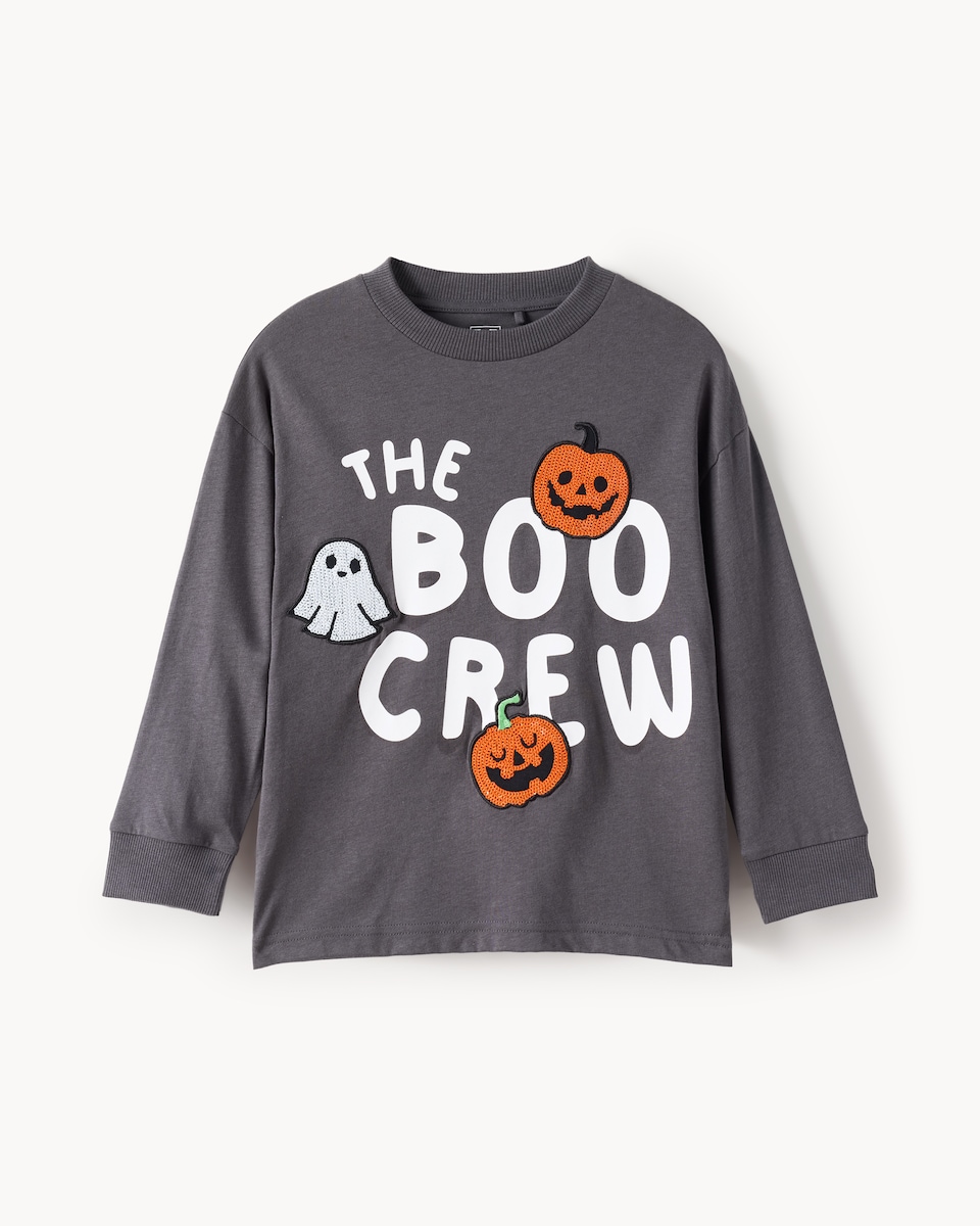 image 1 of F&F Boys Pure Cotton Boo Crew Halloween Print Top in Grey