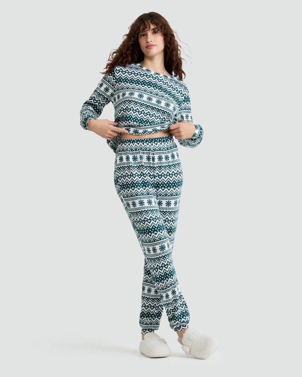 image 1 of F&F Fair Isle Print Top and Bottoms Pyjamas in Multi Green