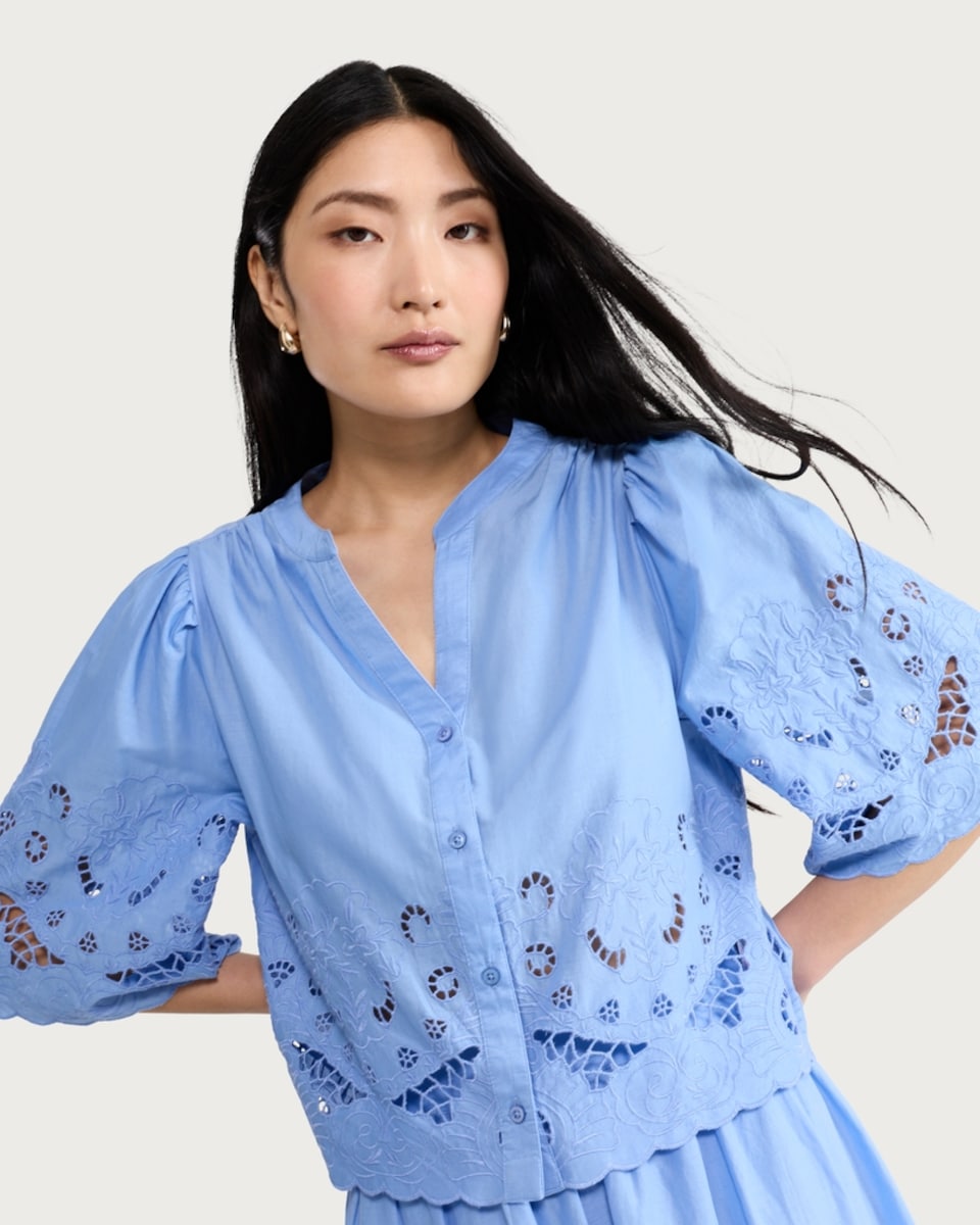 image 1 of F&F Pure Cotton Broderie Cut Out Co-ord Blouse in Blue
