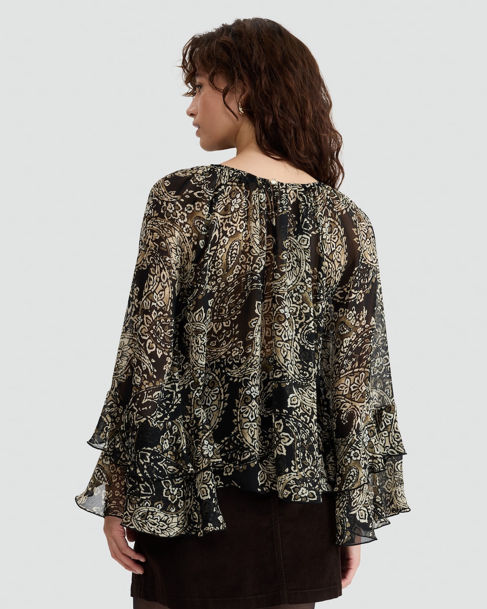 image 1 of F&F Paisley Print Ruffle Blouse in Multi Black White