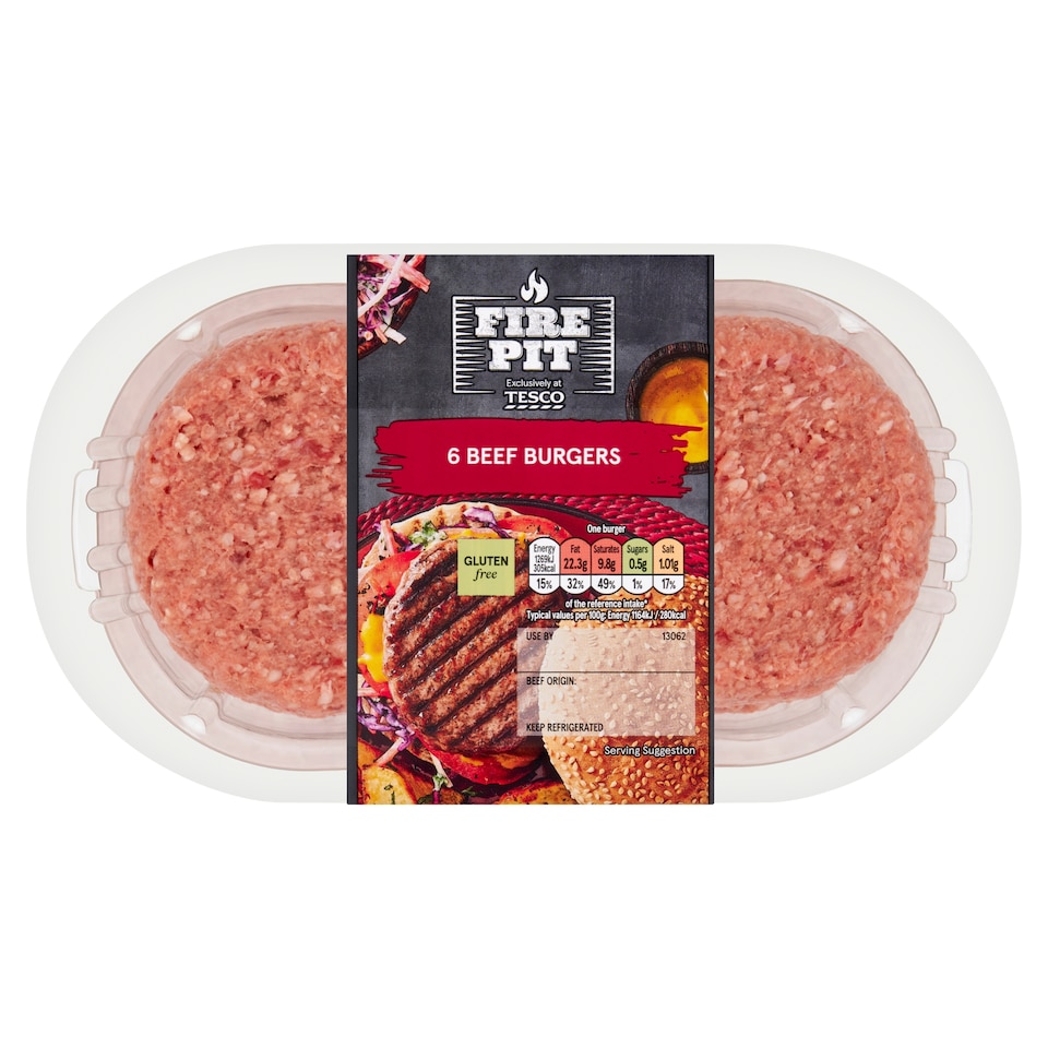 Tesco Fire Pit 6 Beef Burgers 730g