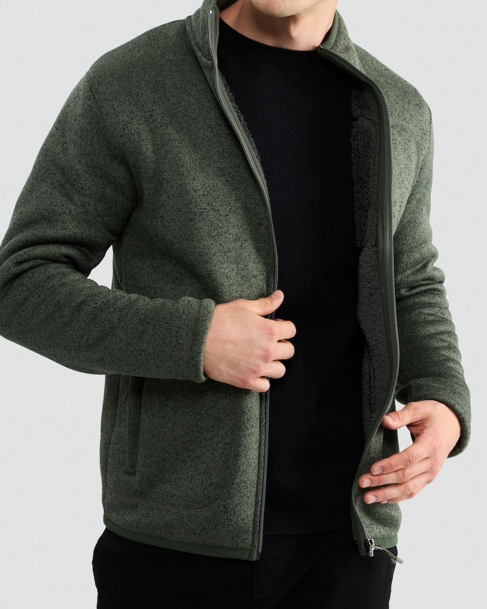 image 1 of F&F Fleece Snit Textured Zip Pocket Jacket in Khaki