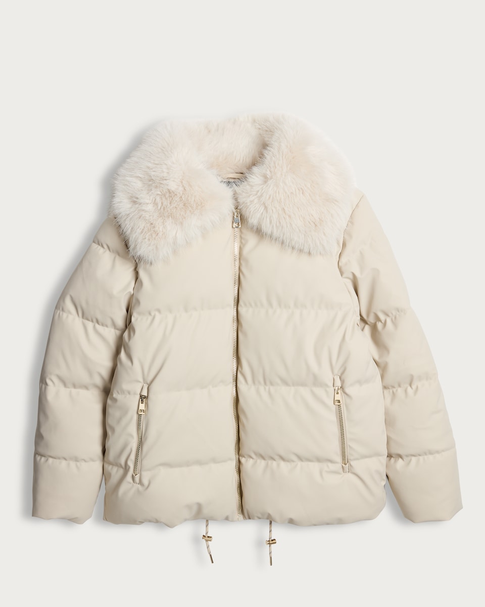 F&F Faux Fur Collar Shower Resistant Puffer Jacket in Cream