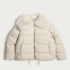 F&F Faux Fur Collar Shower Resistant Puffer Jacket in Cream